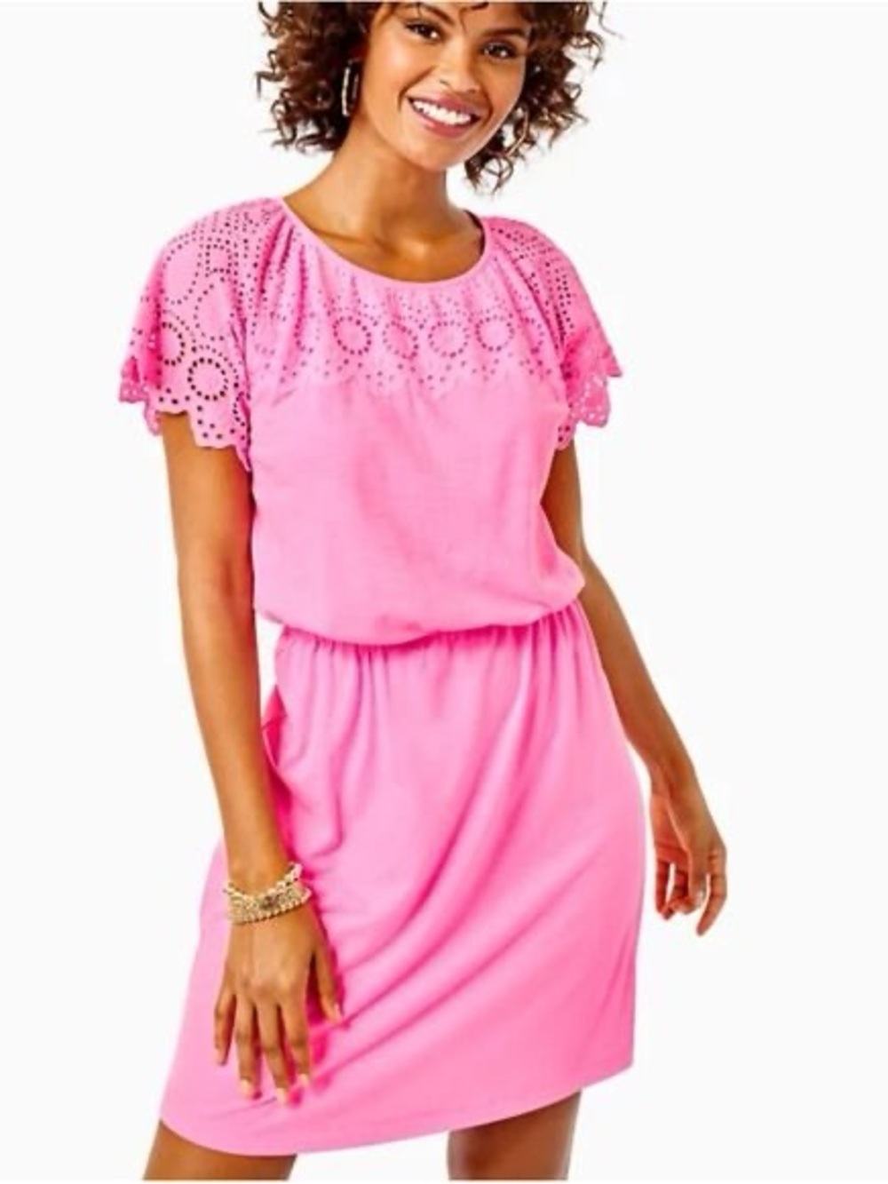 Lilly Pulitzer Taylinn Eyelet Cotton Dress Prosecco Pink Flutter Sleeve Small - Picture 14 of 15